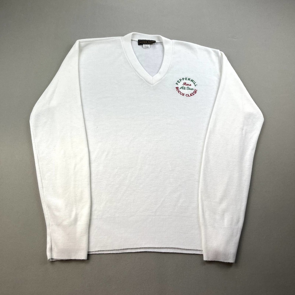 Vintage Bocce Ball Sweater Adult XL White Grandpa V-Neck All Star Classic USA
